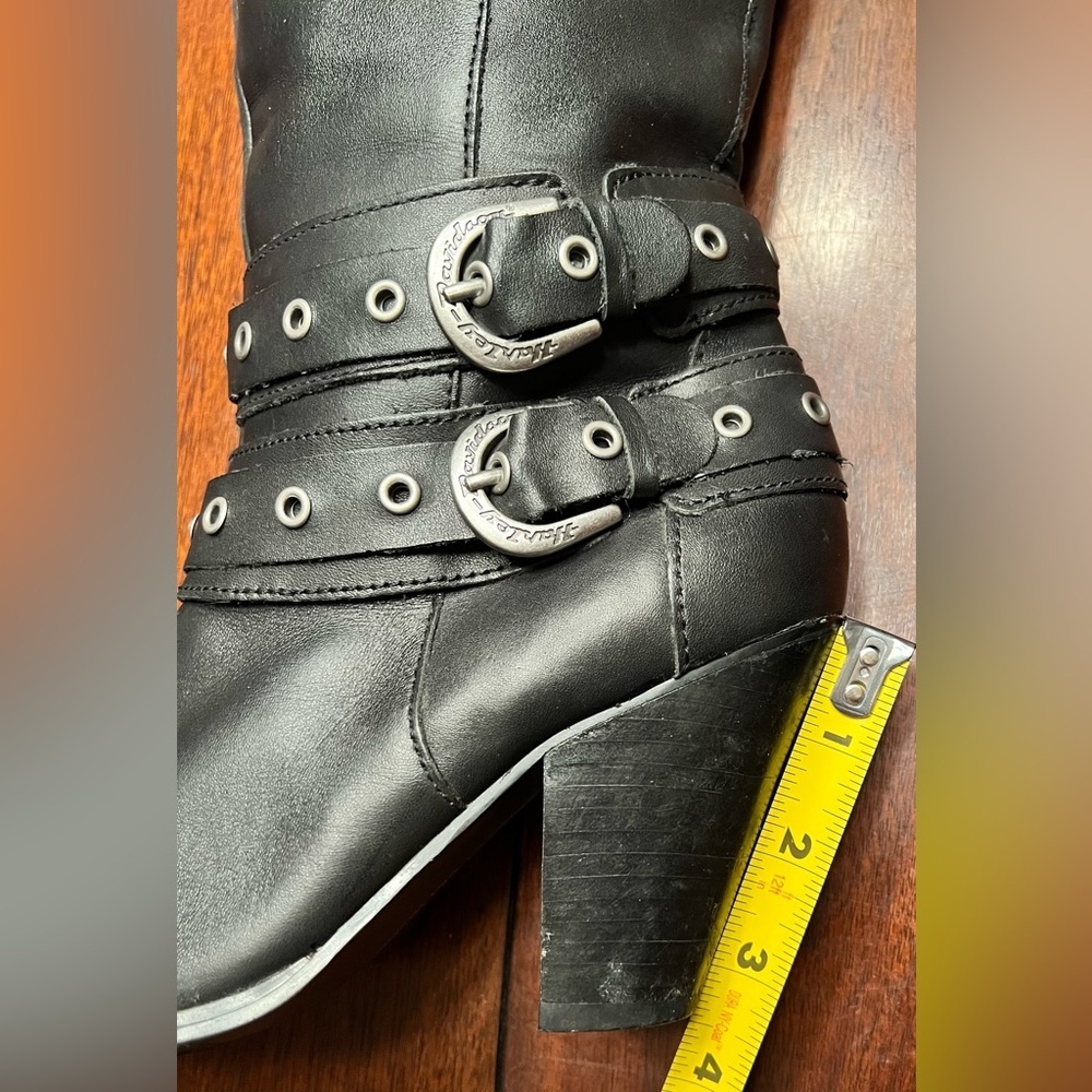 Harley Davidson Belted Black Leather Square Toe Heeled Biker Boots Size 6M - Picture 7 of 9